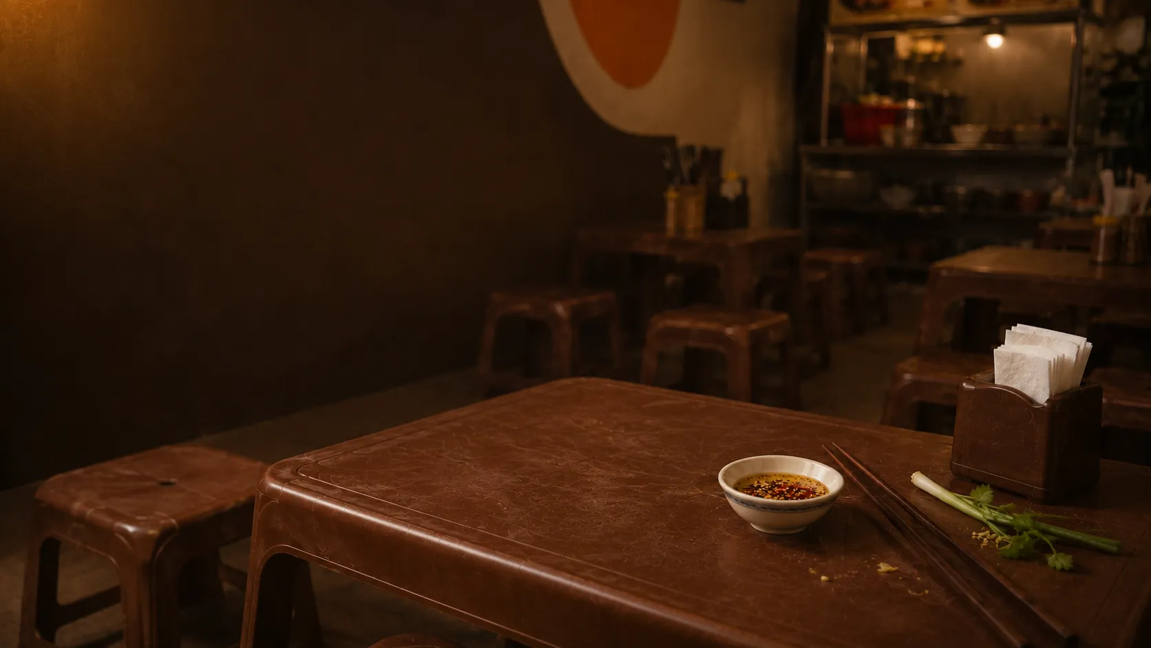 Không gian mộc mạc của quán Bánh Canh Gà Hàng Gòn
